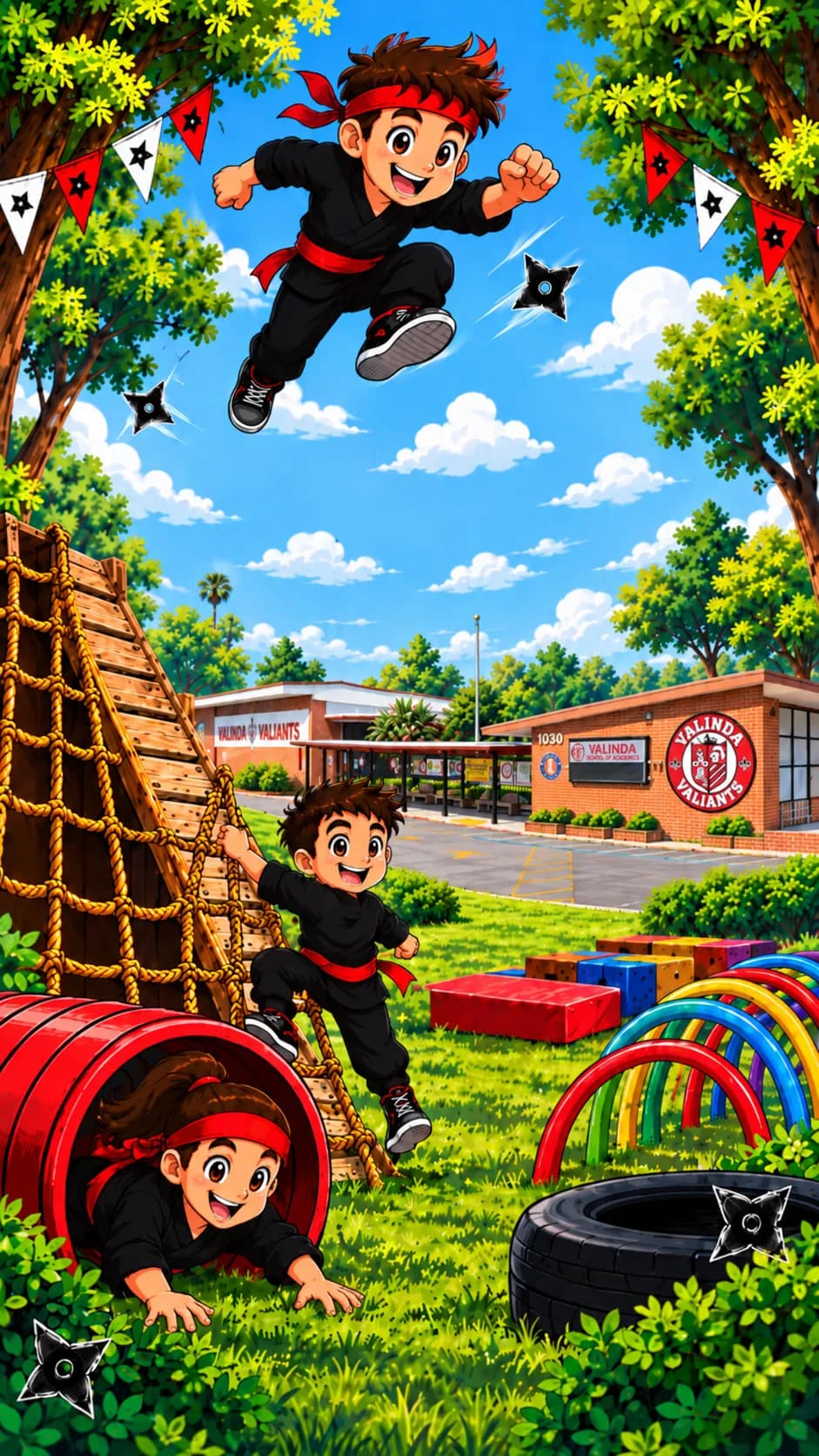 Cartoon ninja kids on an obstacle course outside Valinda School of Academics — one leaping mid-air in a red headband, one climbing a rope ladder, one crawling out of a red tunnel, with rainbow rings and stacked crates on the grass